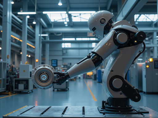 工业机器人手臂，银色金属材质，多关节设计，正在执行装配任务，工厂车间环境