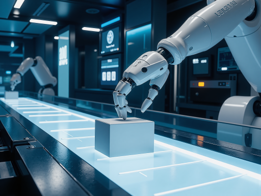 未来智能制造场景概念图，现代化工厂内部，机器人与工人协作，数字化显示屏，高科技工业环境